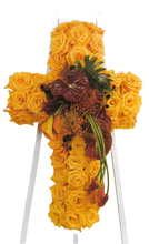 Load image into Gallery viewer, Rose Covered Cross with Floral Swag Easel
