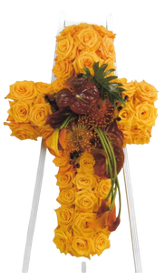 Rose Covered Cross with Floral Swag Easel