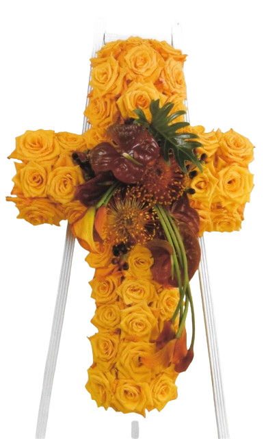 Rose Covered Cross with Floral Swag Easel