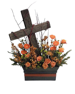Driftwood Cross in Floral Hedge