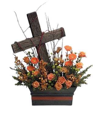 Driftwood Cross in Floral Hedge