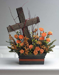 Driftwood Cross in Floral Hedge