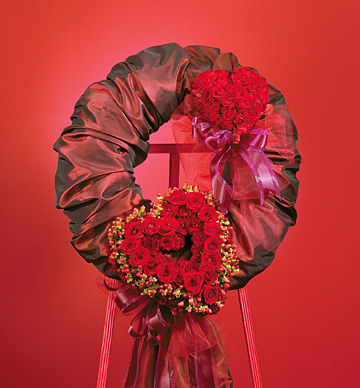 Red Fabric Wreath with Floral Hearts