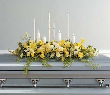 Yellow Casket Spray with Candles